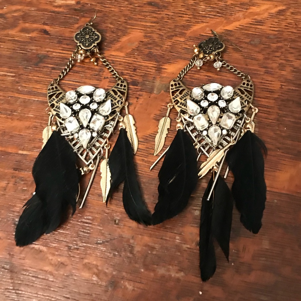 Rhinestone + feather earrings